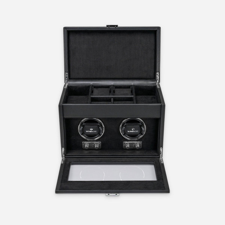 Watch winder Luxora voor 2 horloges van Windrose 1967 in Zwart / Zilver, geopend, recht van voren