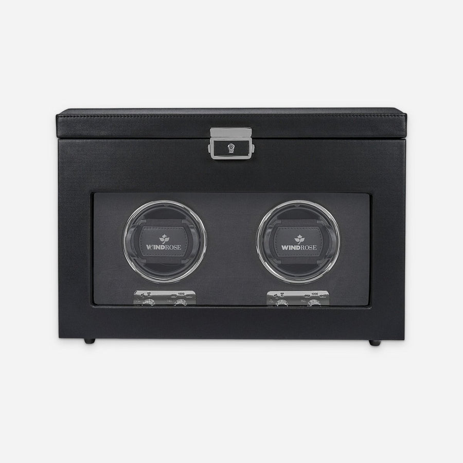 Watch winder Luxora voor 2 horloges van Windrose 1967 in Zwart / Zilver, gesloten, recht van voren met zicht op de winder achter het glas