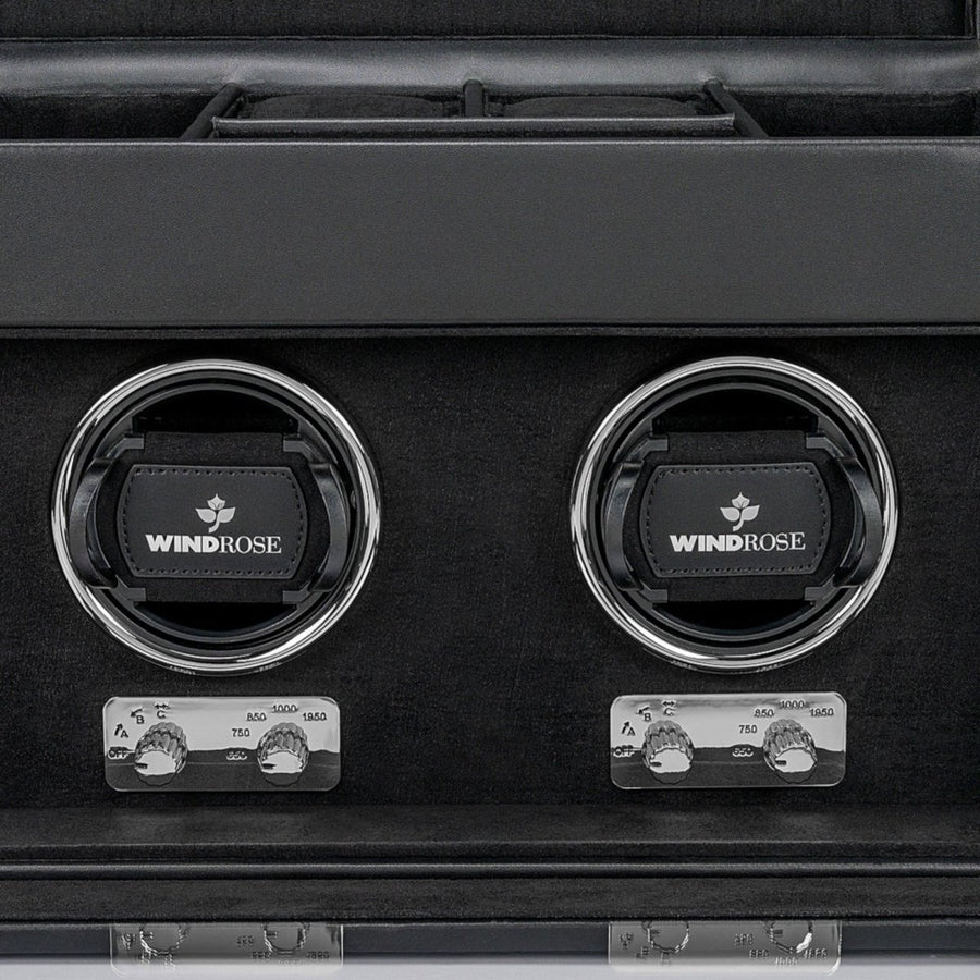 Watch winder Luxora voor 2 horloges van Windrose 1967 in Zwart / Zilver, detail van de winders met de analoge draaiknoppen