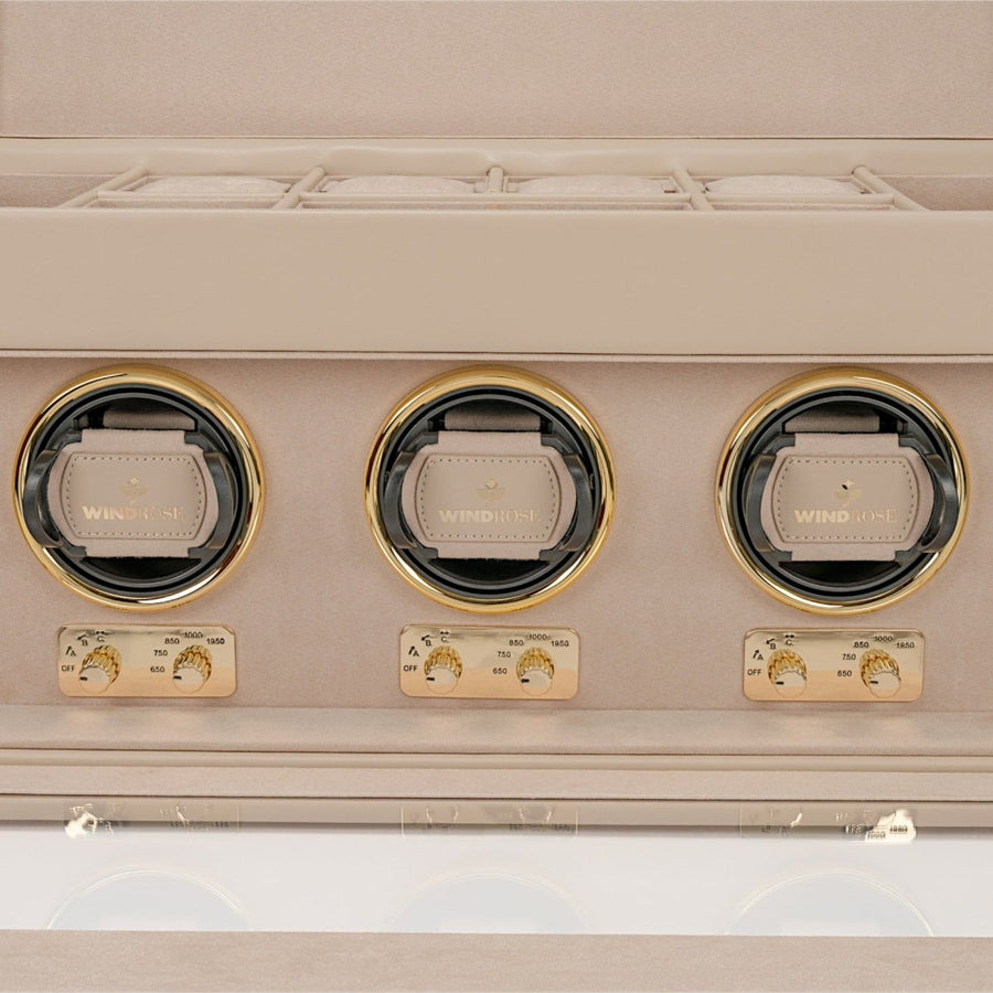 Watch winder Luxora voor 3 horloges van Windrose 1967 in Beige / Goud, detail van de winders met de analoge draaiknoppen