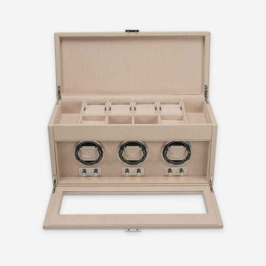 Watch winder Luxora voor 3 horloges van Windrose 1967 in Beige / Zilver, geopend, recht van voren
