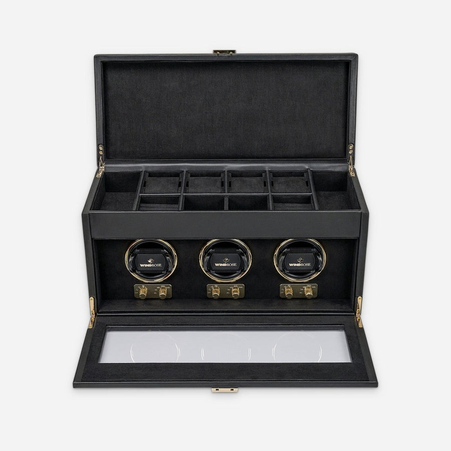 Watch winder Luxora voor 3 horloges van Windrose 1967 in Zwart / Goud, geopend, recht van voren