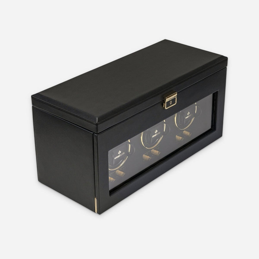 Watch winder Luxora voor 3 horloges van Windrose 1967 in Zwart / Goud, gesloten, schuin van voren
