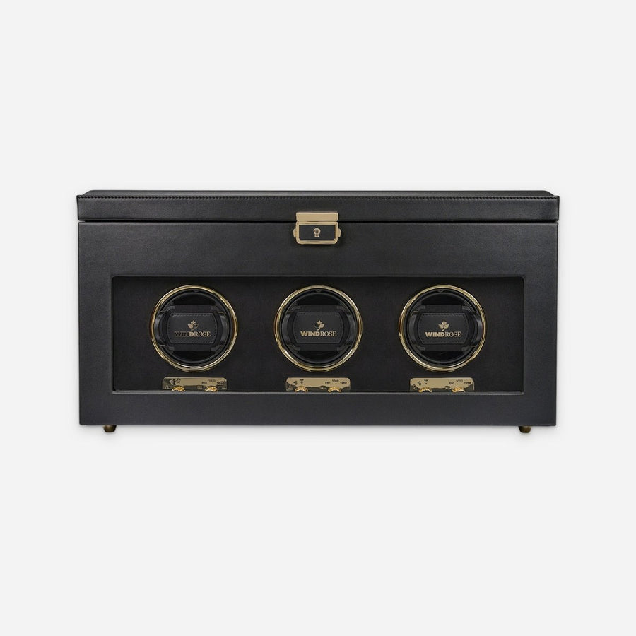 Watch winder Luxora voor 3 horloges van Windrose 1967 in Zwart / Goud, gesloten, recht van voren met zicht op de winder achter het glas