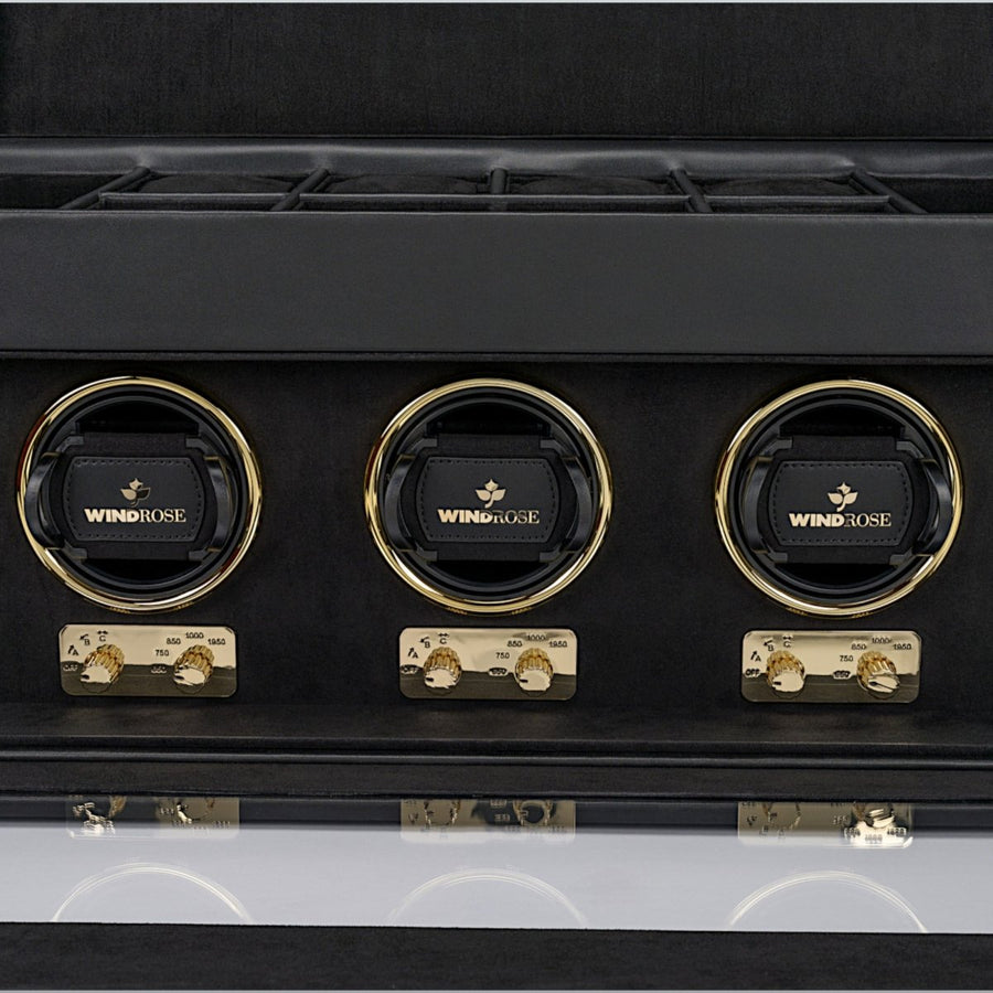 Watch winder Luxora voor 3 horloges van Windrose 1967 in Zwart / Goud, detail van de winders met de analoge draaiknoppen