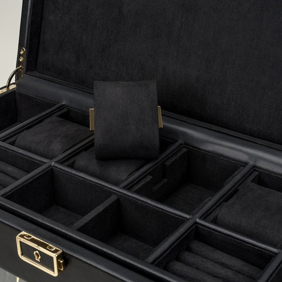 Watch winder Luxora voor 3 horloges van Windrose 1967 in Zwart / Goud, detail van het opbergvak onder het deksel