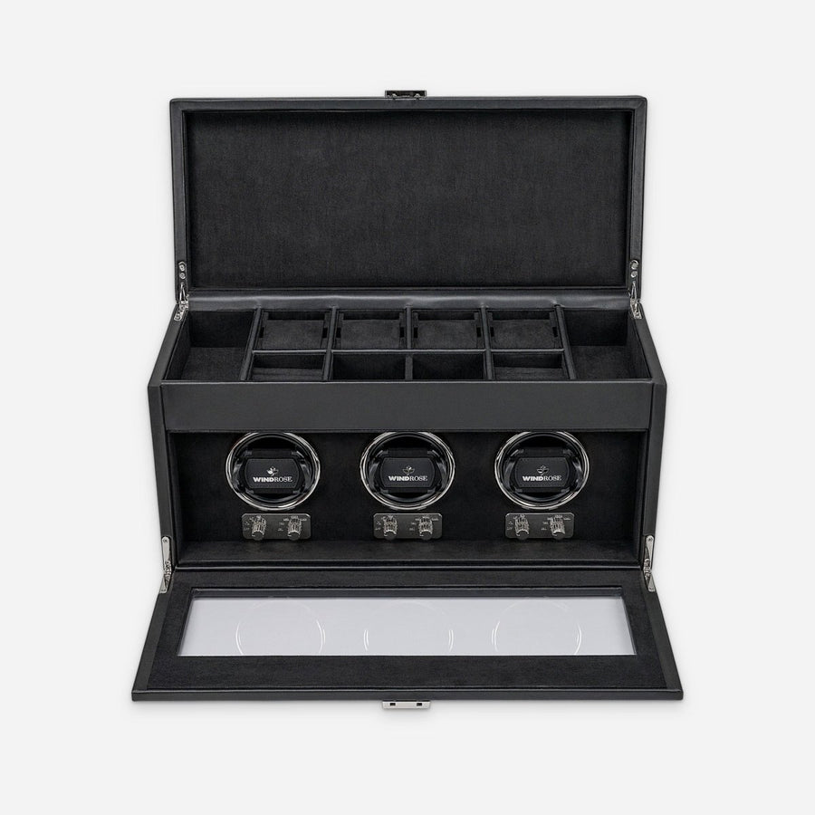 Watch winder Luxora voor 3 horloges van Windrose 1967 in Zwart / Zilver, geopend, recht van voren