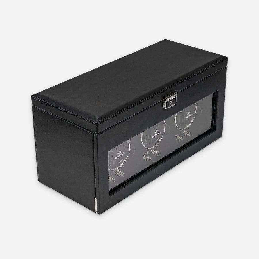 Watch winder Luxora voor 3 horloges van Windrose 1967 in Zwart / Zilver, gesloten, schuin van voren