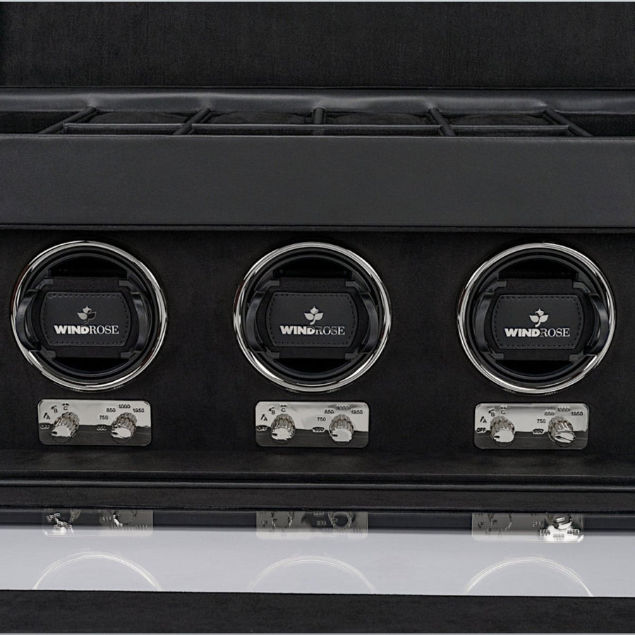 Watch winder Luxora voor 3 horloges van Windrose 1967 in Zwart / Zilver, detail van de winders met de analoge draaiknoppen