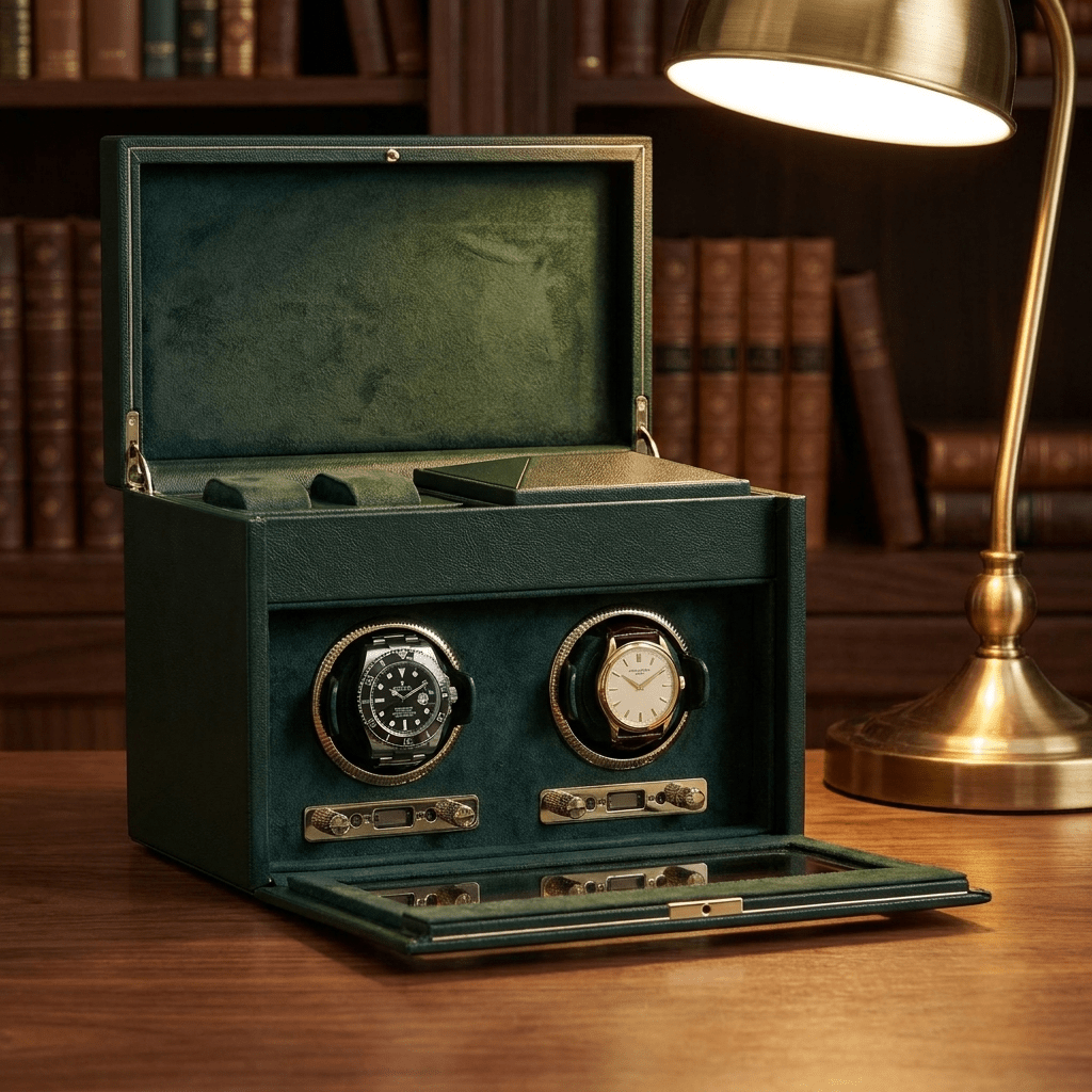 Wolf 1834 British Racing watch winder met lade in donkergroen op een bureau
