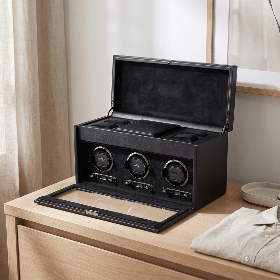Watch winder met lade British Racing 3 horloges Wolf 1834 Saphire Black in een dressoir