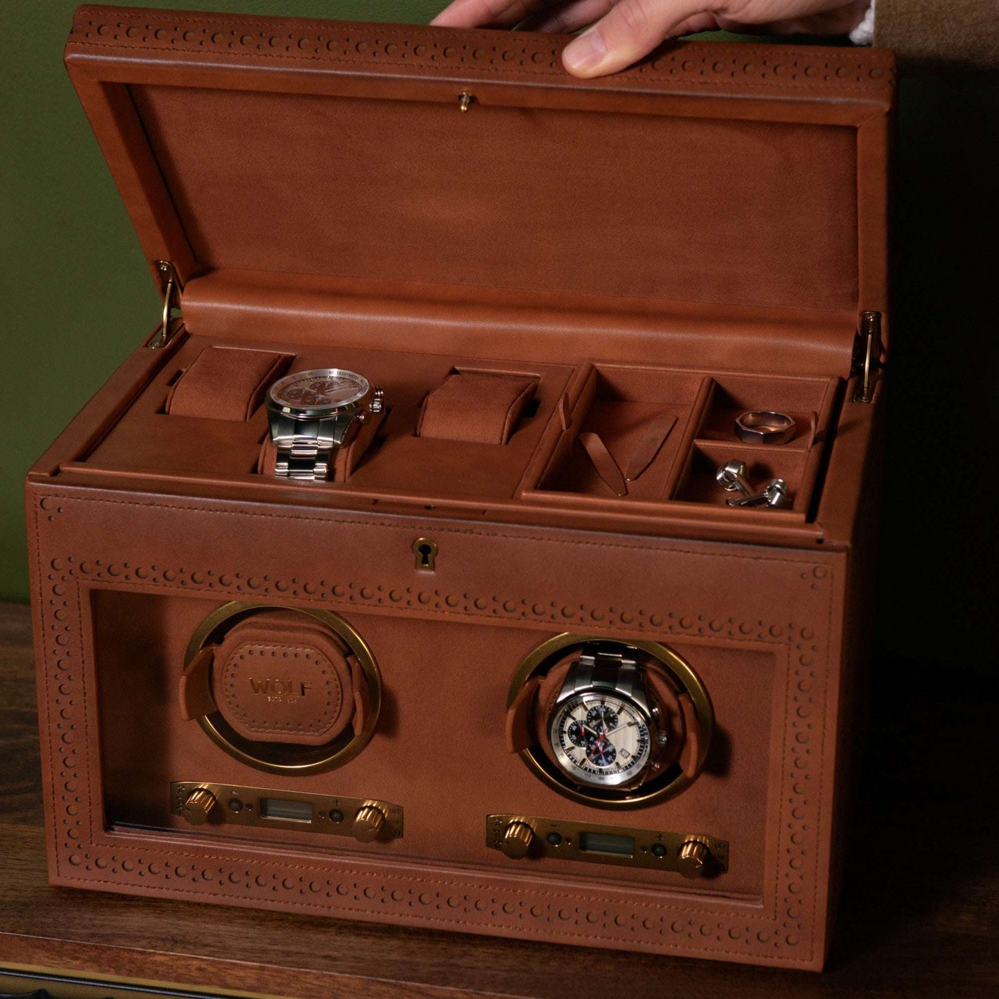 Watch winder met lade Brogue 2 Horloges Wolf 1834 - Horlogerieshop.nl