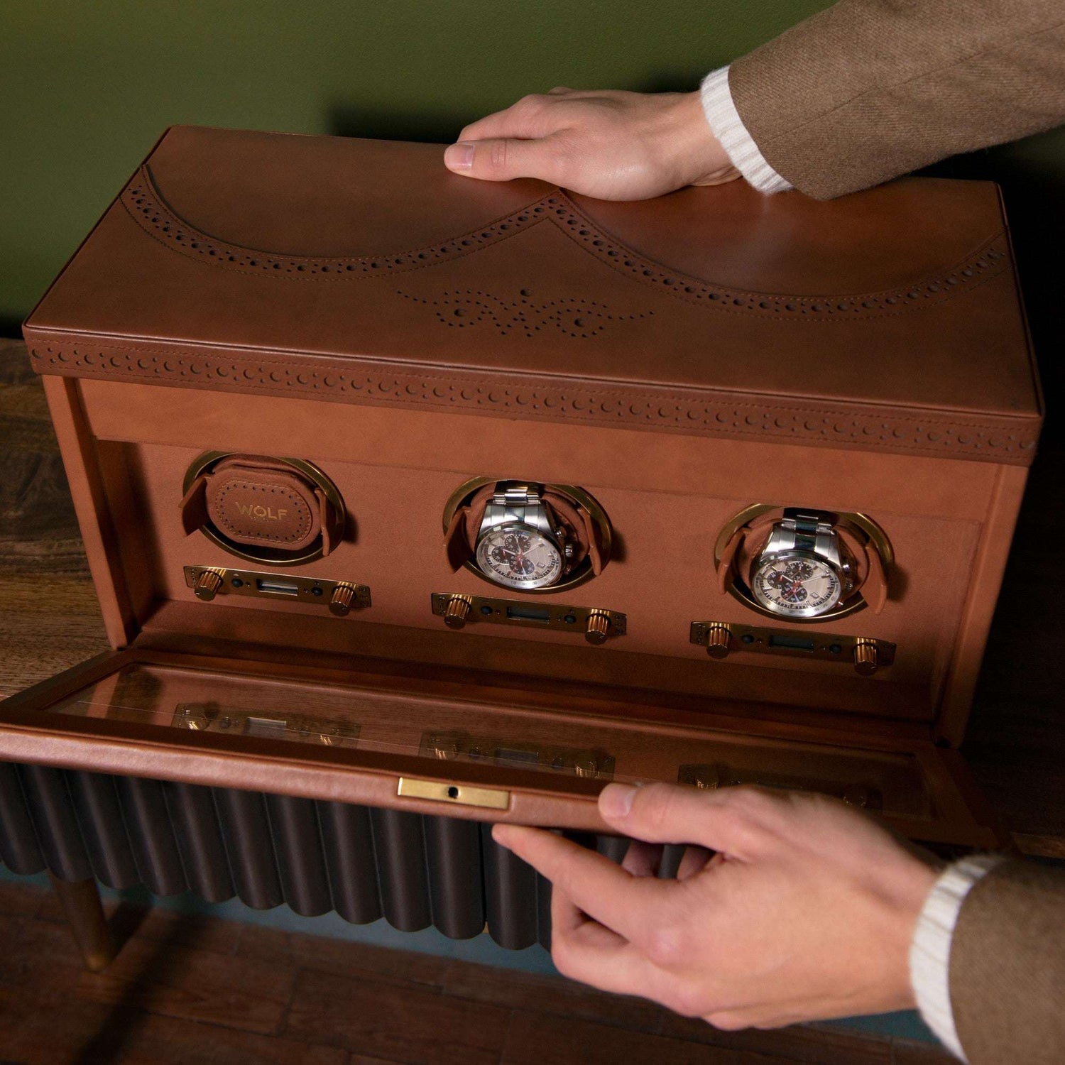 Watch winder met lade Brogue 3 Horloges Wolf 1834 - Horlogerieshop.nl