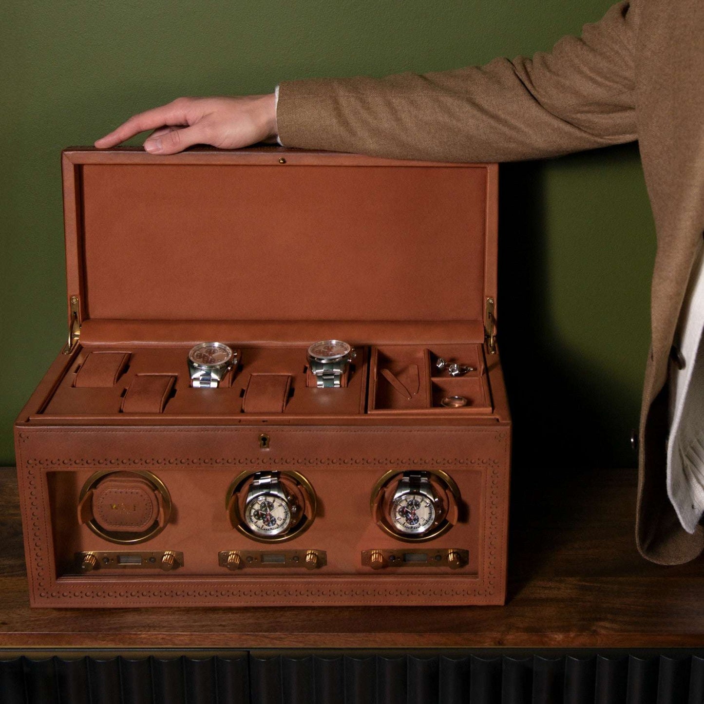 Watch winder met lade Brogue 3 Horloges Wolf 1834 - Horlogerieshop.nl